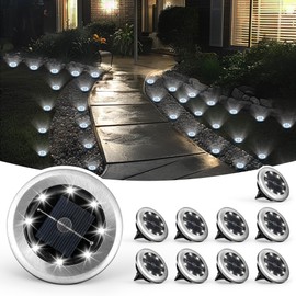 Solpex Small Solar Floor Lights, Solar Light for Garden, 8 LEDs, Pack of 10, White Garden Lights, Stainless Steel, Waterproof for Outdoors, Garden, Patio, Lawn, Yard, Walkway