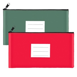 2-Pack Bank Deposit Money Bags with Zipper, 11 x 6 Inches, PU Leather Cash Pouches with Label, for Coins, Cosmetics, Bills, Tools, Red & Dark Green