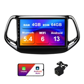 4+64G Android 13 Double Din Car Stereo for Jeep Compass 2 MP 2017-2019 with 10.1 Inch Touchscreen Radio Built-in Wireless Carplay/Android Auto/GPS/Bluetooth/AUX/Steering Wheel Controls/Backup Camera