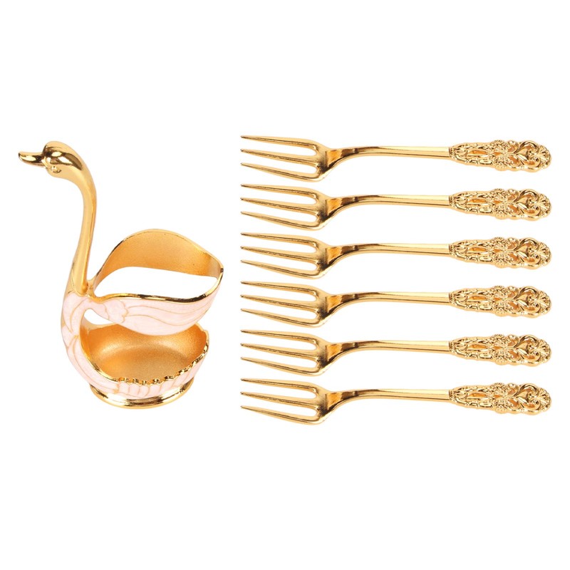 6Pcs Coffee Dessert Fork Set Metal Swan Base Holder Dessert