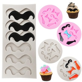 Juego de 5 moldes de silicona para pajarita y bigote, SourceTon para fondant para chocolate, dulces, jabón, decoraciones de magdalenas (rosa + gris)