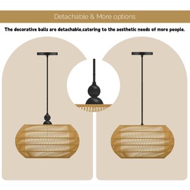 QIHONGLT Rattan Pendant Light Chandelier, 13.4 inch Boho Woven Basket, 3-Light Adjustable Height, Modern Dining Room Kitchen Island Lighting (Black)