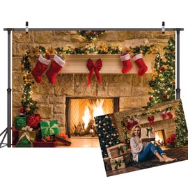 LYWYGG 8x8FT Christmas Fireplace Backdrop Christmas Backdrop Christmas Trees Backdrop Christmas Dinner Backdrop Cloth Family Party Decorations Eve Fireplace Photography Background CP-282-0808