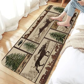 Rustic Cabin Bath Rugs for Bathroom, Forest Bear Deer Wildlife Country Hunting Camping Non Slip Flannel Bathroom Rug, Dry Fast Water Absorbent Bath Mats, 17x48 Inch