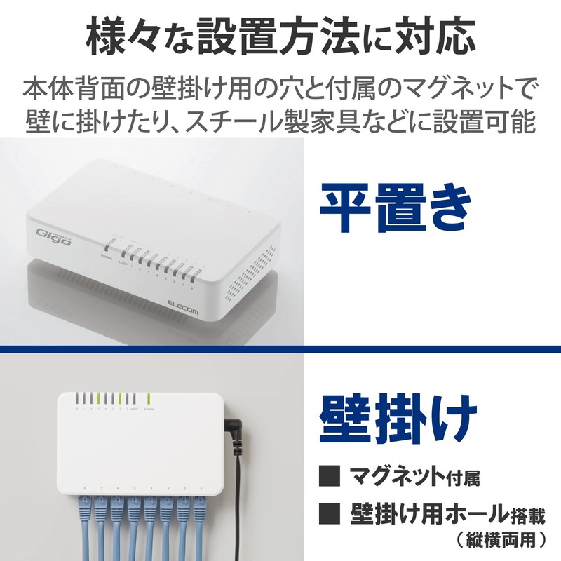 erekomu Switching Hub Gigabit Compatible 8 Ports Plastic Magnet with