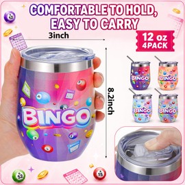 Geiserailie 4 Pcs Bingo Party Supplies 12oz Bingo Tumbler Cups Stainless Steel Tumbler Reusable Insulated Cup with Lid and Straws Bingos Prizes Gifts for Lovers Seniors Adults Party Stuff Supplies