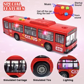 Cemirk Bus Toy for Boys and Girls Ages 1 and Up - with Lights and Sounds, Realistic Tires, Simulated Functional Doors, Friction-Powered Movement, Red