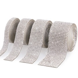 4 Rolls Self-Adhesive Rhinestone Diamond Crystal Ribbon,Bling DIY Decoration Sticker with 2 mm Rhinestones for Wedding,Birthday and Gift Decoration,Phone,Laptop,Car Interior (Silver, 4yards)