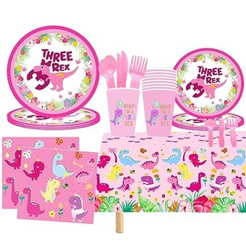 Miruwtog Pink Three Dino Rex Birthday Party Decorations,141PCS Birthday Decoration Dinosaur 3rd Birthday Paper Plates Tableware Set Three inspired Rex Table cloth Plates