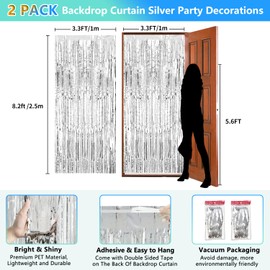 2 Pack Foil Curtain Backdrop Curtains Silver Tinsel Door Streamers Birthday Party Decorations Photo Booth Props for Disco Party Graduation Wedding Baby Shower Bachelorette Christmas Gender Reveal