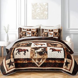 XYNHML Western Brown Galloping Horse Quilt Bedding Queen 3Pcs Rustic Farmhouse Horse Bed Set Wild Animal Retro Grid Pattern Bedspread Coverlet with 2 Pillowcases for Kid Boy Girl Teen Adult Room Decor