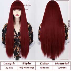 MISSQUEEN Long Red Wig with Bangs,Straight Dark Red Wigs for Women,Wine Red Long Straight Heat Resistant Synthetic wig for Fashion Women