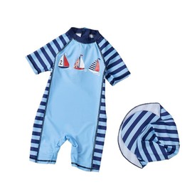 PythJooh Toddler Baby Boys One-Piece Swimsuits Stripe Boat Swimwear Long Sleeve Rash Guards Bathing Suit with Hat UPF 50+