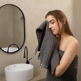 KOSMU Luxury Japanese Cotton Waffle Bath Towel | Plush, Absorbent, and Quick Dry (Smoke Grey, Hand Towel, 32" x 16")