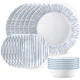 Corelle 18-Piece Dinnerware Set Service for 6, Lightweight Round Plates and Bowls Set, Vitrelle Triple Layer Glass, Chip Resistant, Microwave and Dishwasher Safe, Nautical Stripes