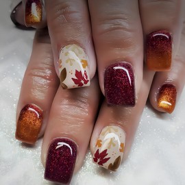 Fall Maple Leaf Press on Nails Short Square Fake Nails with Orange Gold Glitte Design Autumn Maple Leaves False Nail Thanksgiving Stick on Nail for Women 24 Pcs