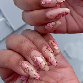 Flowers Press on Nails Medium Almond Fake Nails 3D Flowers Acrylic Nails Gold Floral False Nails Spring Artificial Nails Press ons with Gold Line Designs Glue on Nails for Women Girls 24Pcs