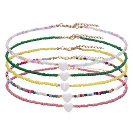 Aroncent 5Pcs Bohemian Beaded Choker Necklace Set: Heart Pendant Colorful Summer Beach Jewelry - Adjustable Y2K Necklaces for Women