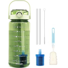 Filtered Water Bottle with One Filter, 1.5L Fitness Water Bottles with Straw and Time Marker, Leakproof Sports Water Cup with Handle, BPA Free for Yoga, Gym, Office, Green