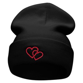 e4Hats.com Double Heart Embroidered 12 Inch Long Knitted Beanie - Black OSFM