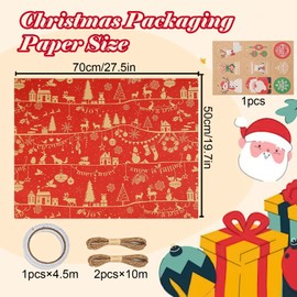POPOYU Christmas Wrap Gift Wrapping Paper, Recycled Kraft Paper, 6 Folded Sheets 70x50cm Gift Wrapping Paper with Hang Tags Tapes Twine Reindeer Elk for Xmas Party Gifts Present, Christmas Decoration