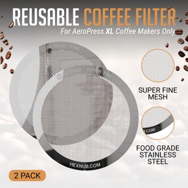 HEXNUB - Reusable Metal Filters for AeroPress XL Coffee Maker, Stainless Steel Filter Fits AeroPress XL Coffee Press, Fuller Bodied Coffee Than Paper Filters - SILVER 2 PACK