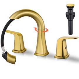 BRAVEBAR Gold Bathroom Faucet with Sprayer - Brushed Gold Faucets for Sink 3 Holes, Bathroom Pull Down Faucet, 2 Handles 8 Inch Widespread Vanity Faucet with Pull Out Sprayer & Pop-up Drain
