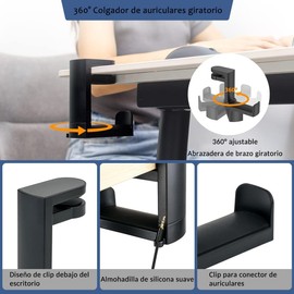 Soporte para Colgar Auriculares,No es Necesario Perforar el Soporte para Auriculares con Clip de Escritorio,Soporte para Auriculares Giratorio de 360°,Viene con Almohadilla de Silicona Antideslizante