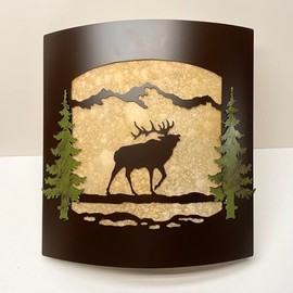 Rustic Elk with Painted Pine Tree Wall Sconce - Frosted Amber Glass & Burnished Bronze Metal - Lodge Cabin Decor - Woodland Nature Wall Light Fixture