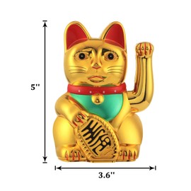 IBWell Maneki Neko Lucky Cat,Fengshui Cat- Waving Arm Battery Operated for Fortune Money and Good Luck (Gold, 5 in)
