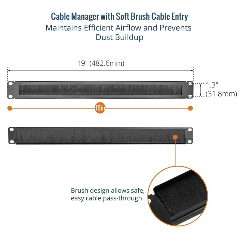Tecmojo 1U Rack Mount Cable Management Panel with Brush,Rack Brush