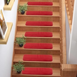 English Home Washable Soft Solid Color Design Non-Slip Stair Treads Set of 13 (Red, 7"" x 24"")