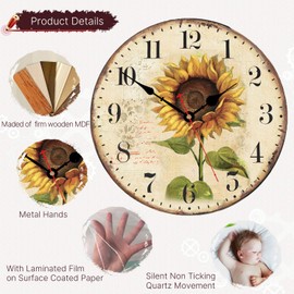 VIKMARI Sunflower Wall Clock Silent Non Ticking - 8 Inch Wooden Quality Quartz Battery Operated Round Wall Clocks for Home/Office/Classroom/School/Kitchen