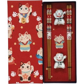 JADE TEMPLE Maneki Neko Chopsticks Set Red