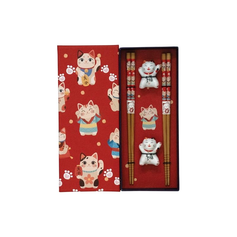 JADE TEMPLE Maneki Neko Chopsticks Set Red