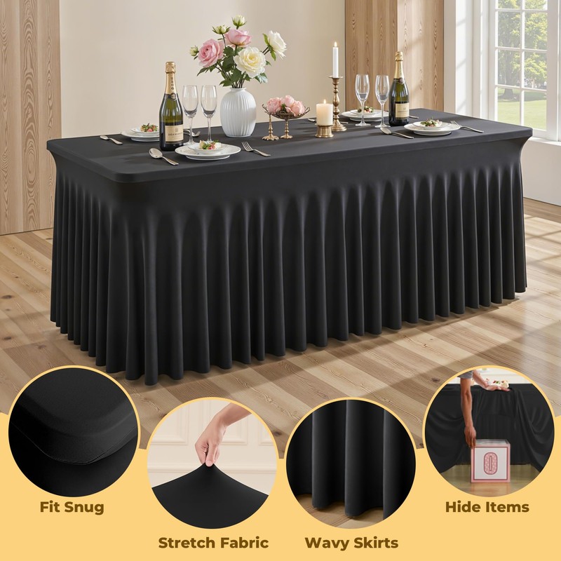 2 Pack Black Spandex Fitted Tablecloth 6 Foot - Stretch