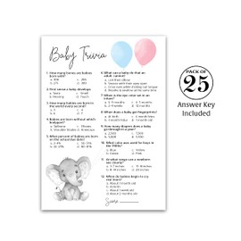 Juego de fiesta de revelación de género – Juego de trivia bebé – Paquete de 25 – Elefante rosa o azul divertidos juegos de bebé, trivia azul o rosa, actividades de juegos de baby shower neutro, ducha para parejas mixtas G510-TRV