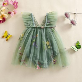 Newborn Baby Girls Clothes Flower Butterfly Embroidery Sleeveless Romper Tulle Mesh Adorable Princess Dress Toddler Bodysuit (Green, 6-9 Months)