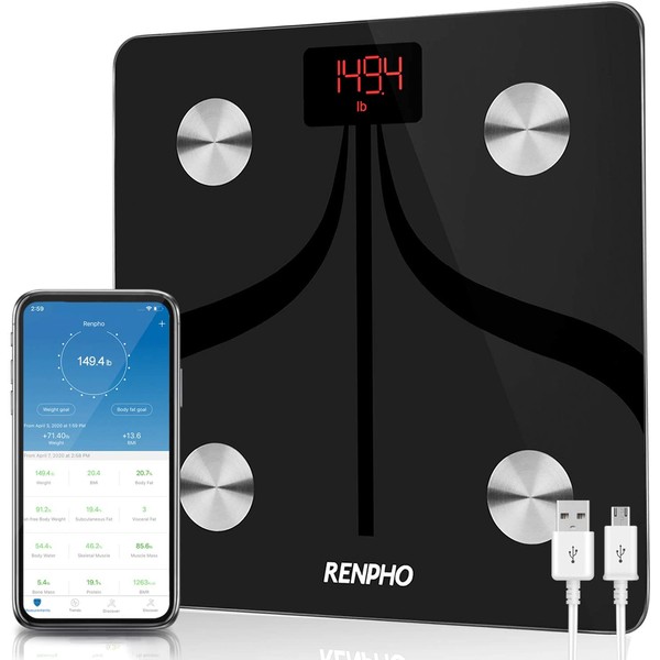 RENPHO Body Fat Scale Weight Bathroom Smart Digital Bluetooth Scale USB Rechargeable with Smartphone App , Body Composition Monitor for Body Fat, BMI, Bone Mass, Weight, 396 lbs Black