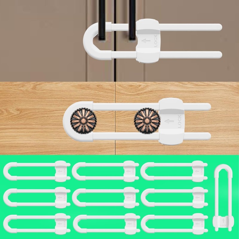 (10 pack white) 4 button Cabinet Locks, U-Shaped Proofing Drawers