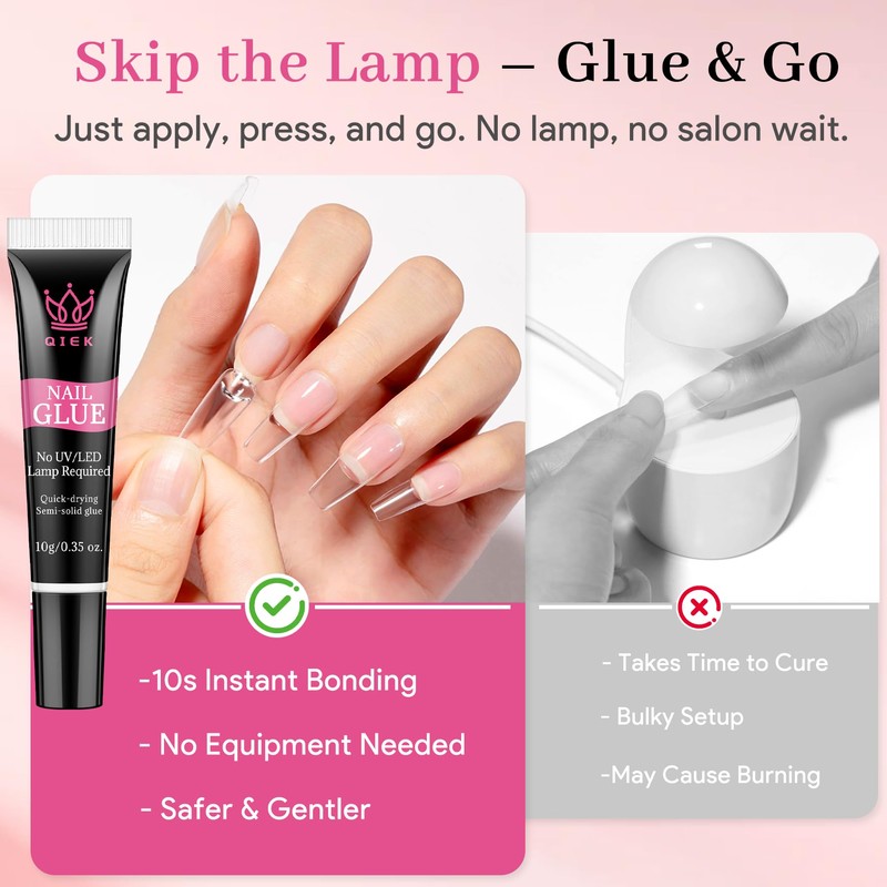 QIEK No-Lamp Nail Glue & Remover Set for Press Ons,