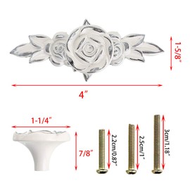 JuxYes Pack of 5 Euro Rose Decorative Cabinet Knobs with Plate, Floral Ivory Drawer Knob Cupboard Door Knobs, Ivory White Drawer Pulls Cabinet Handle Knobs for Dresser Cabinet (S, Ivory with Silver)