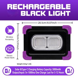 50W Rechargeable LED Black Lights, Battery Powered & Solar Panels Blacklight, Glow in The Dark Indoor Outdoor, Cordless Portable Waterproof Neon Flood Light for Fluorescent Party Stage Body Paint
