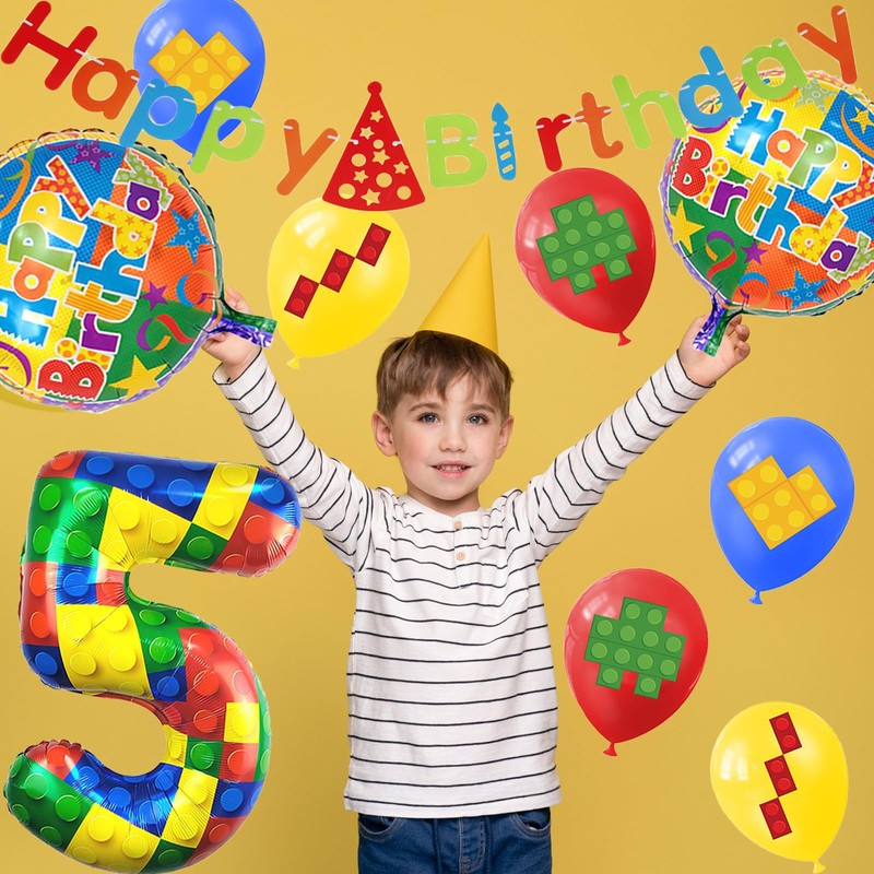32" Building Block Balloons Number Balloons with Banner Birthday Party