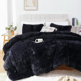 Smoofy Fluffy Full Size Comforter Set, Faux Fur Black Comforter Set, Luxury Fuzzy Bedding Set, Soft Shaggy Full Bed Set for All Season, 3 Pieces - 1 Comforter & 2 Pillowcases