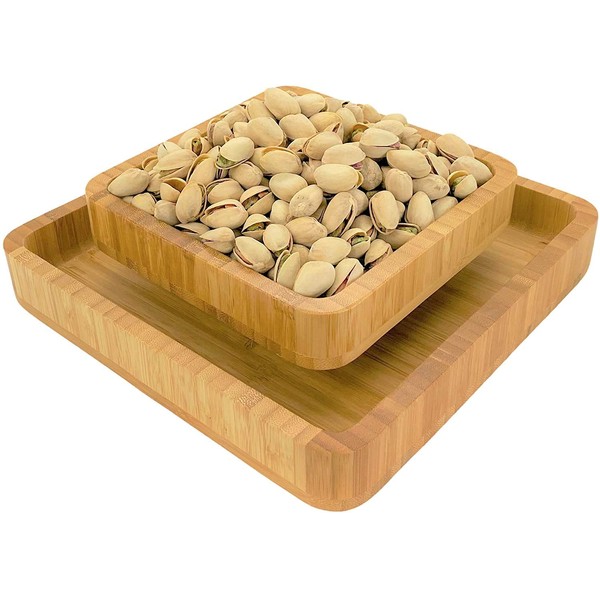 Penko Bamboo Pistachio Snack Bowl Double Dish Holder Bowl Pedestal and Sunflower Seed Nut Bowl with Shell Storage