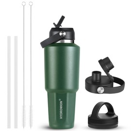 HYDROWION 32 oz Insulated Water Bottle, Car Water Bottle Holder - Double Wall Vacuum Insulated Travel Bottle with Straw Lid, Spout Lid and Flex Cap - Cold for 24H, Hot for 12H, Olive