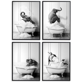 JINZUNRUI JZR Bathroom Decorative Pictures, Black and White Bathroom Poster A4 Wall Pictures, Funny Animal in the Bathtub, Toilet Wall Decoration, Canvas Bathroom Pictures, Without Frame