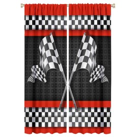 Race Car Flag Rod Pocket Blackout Curtains - Abstract Modern Art Racing Car Black White Checked Flag Window Drapes Set Energy Saving Thermal Insulated Drapes for Living Room 2 Panels 63L x 21W