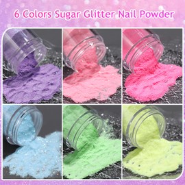 Furtherpretty Sugar Glitter Nail Powder Set, 6 Colors Extra Fine Pink Blue Yellow Nail Pigment Dust, Dipping Powder for Sugar Effect, Nail Art Decoration with Brush, Efecto Azúcar para Uñas Acrílicas